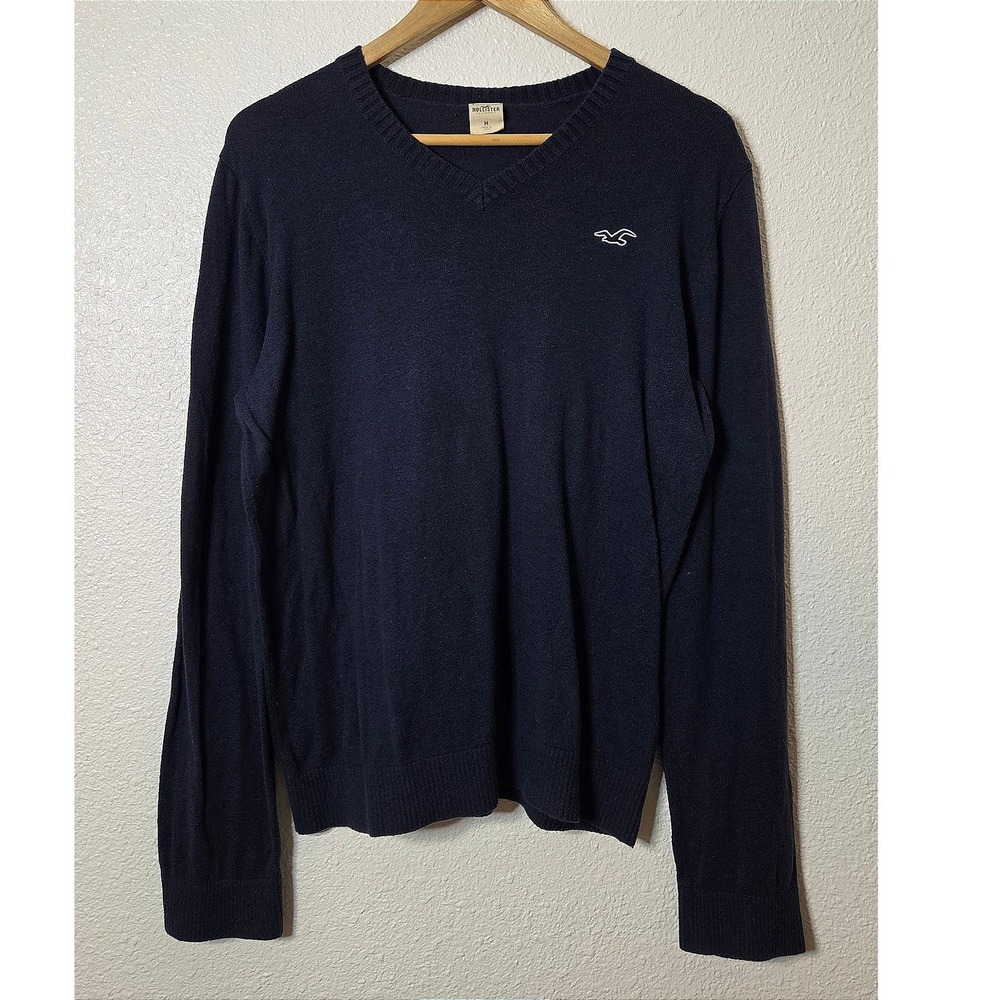 Hollister Men's Navy V Neck Sweater Medium Lightweight Knit Logo Casual